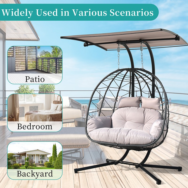 Double Swing Egg Chair w/ Stand Cushion Hanging Chair Hammock Chair w/ Woven gallery