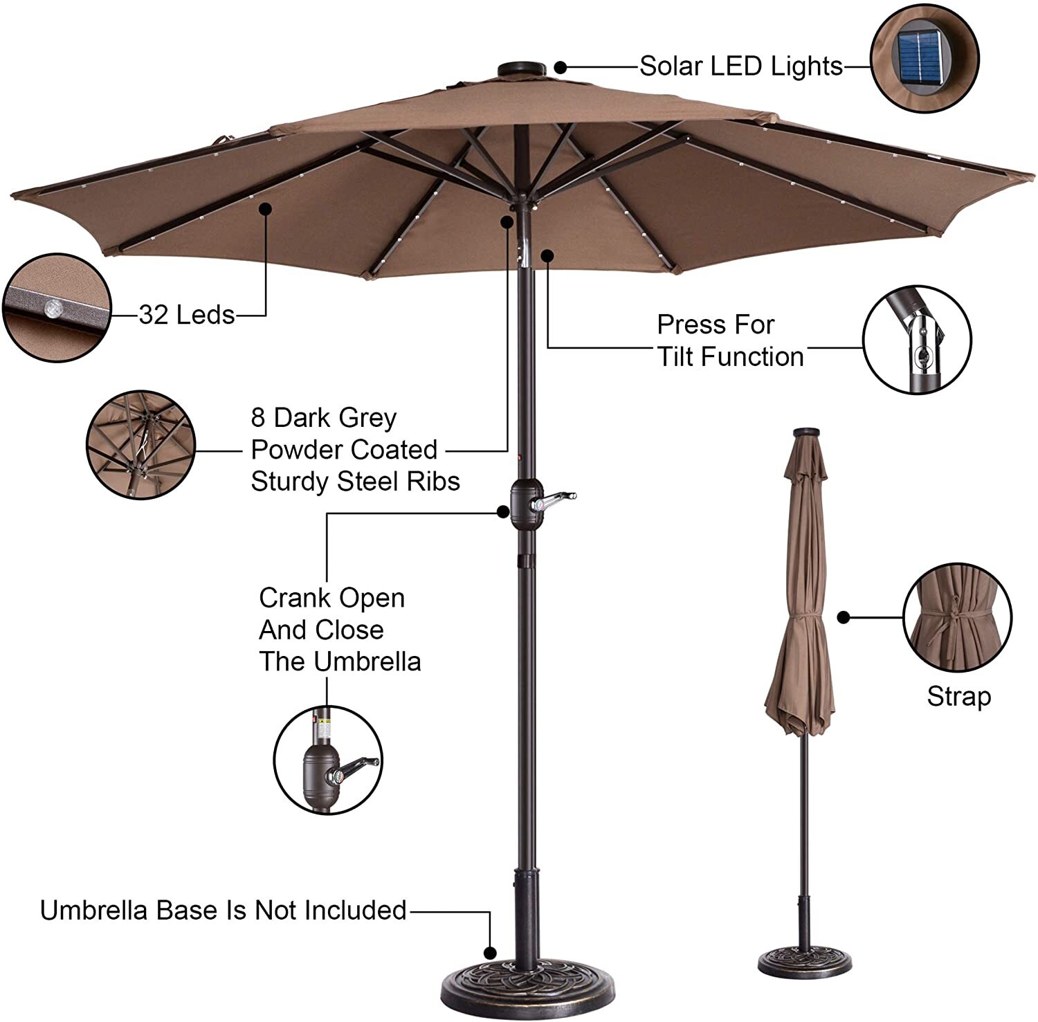 VILLACERA 83-OUT5421 9 LED Lighted Outdoor Patio 8 Steel Ribs and Push Button T gallery