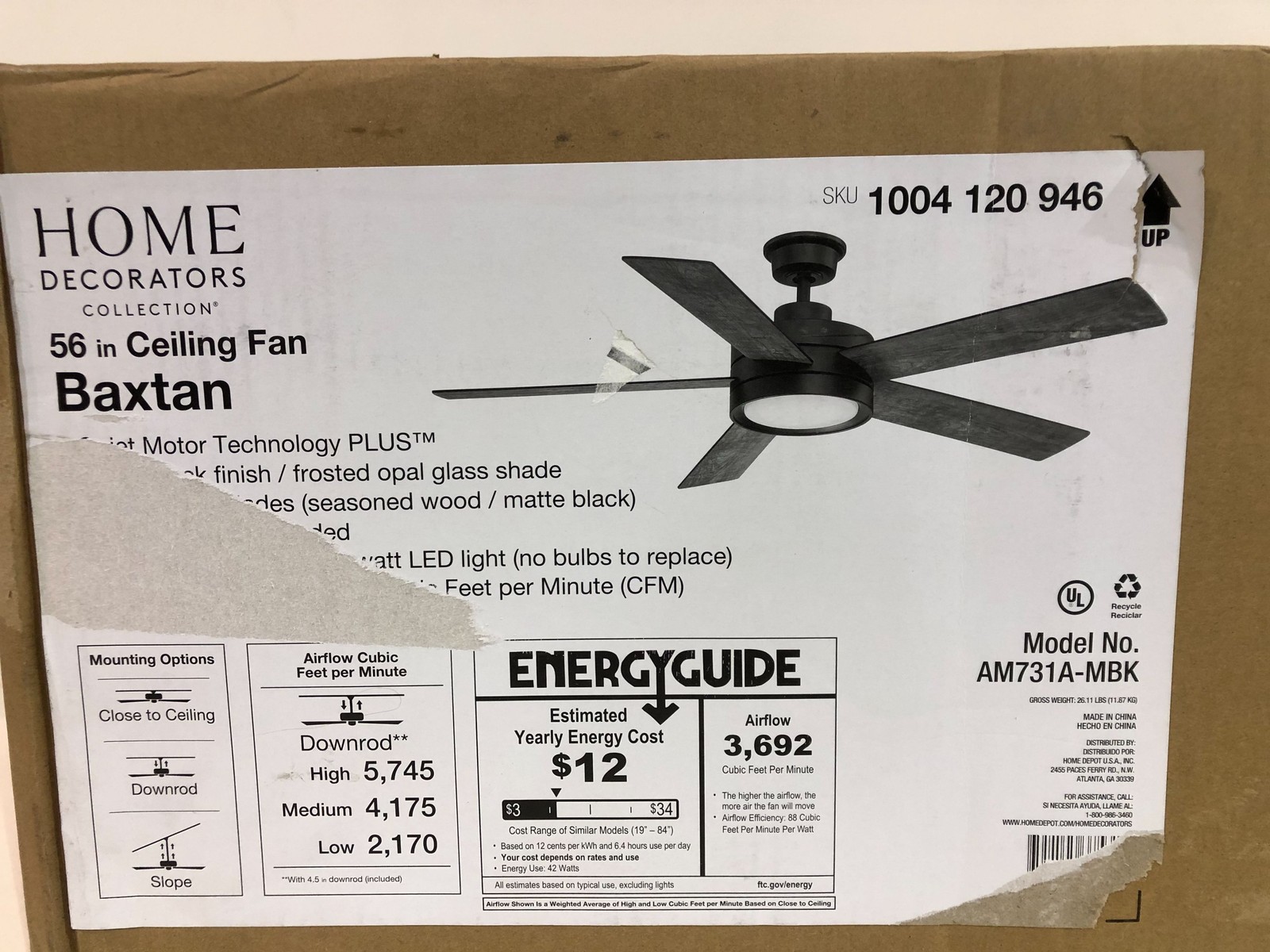 Home Decorators Baxtan 56 in. LED Matte Black Ceiling Fan W/Light +Remote (OPEN) gallery