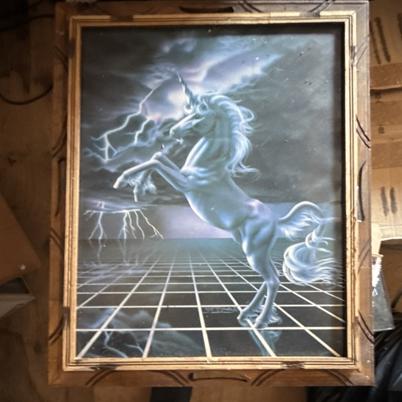 Framed Unicorn Fantasy Print, Vertical Wood & Glass Frame, Blue/Gray/Black/White gallery