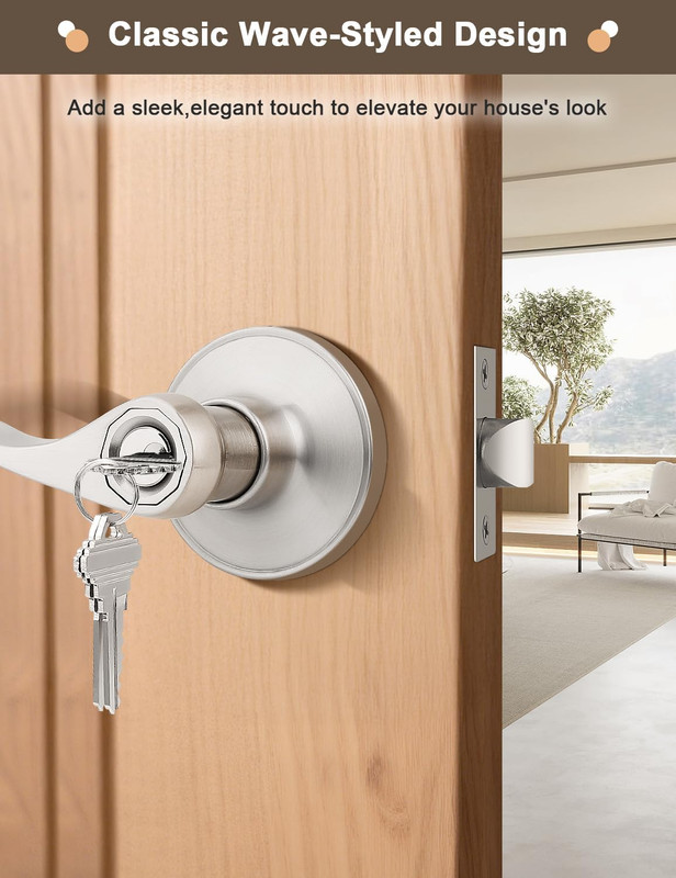 5 Pack Keyed Entry Lever with Same Key, Satin Nickel Wave Door Handle Set, Exter gallery