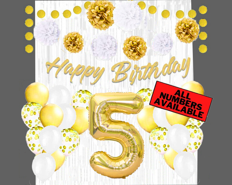 Gold & White 5th Birthday Decorations - 40" Number Balloons & More - Boy or Girl gallery