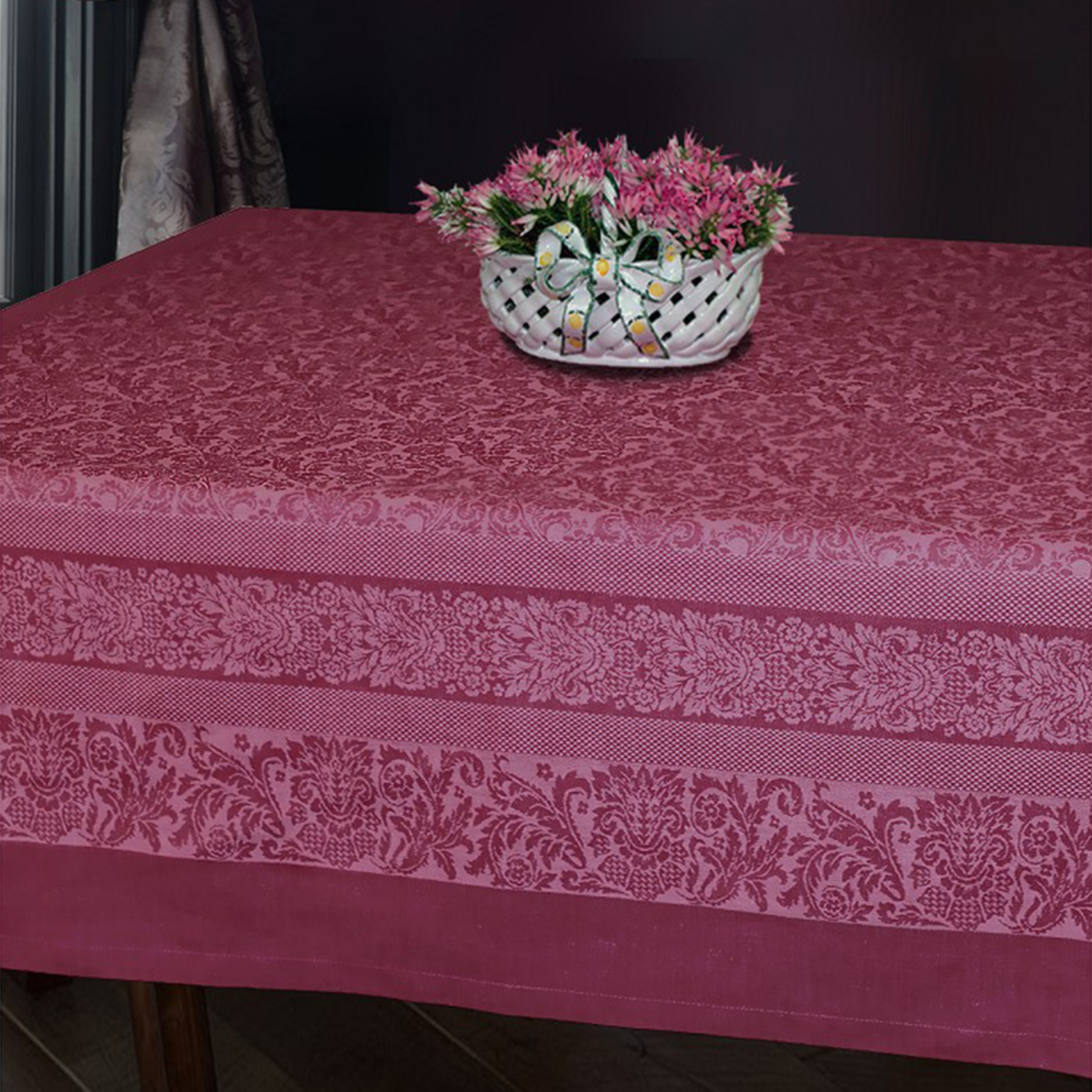 Linen Cotton Tablecloth 70 x 90 Inch Rectangle – Scarlet Red Jacquard Floral gallery