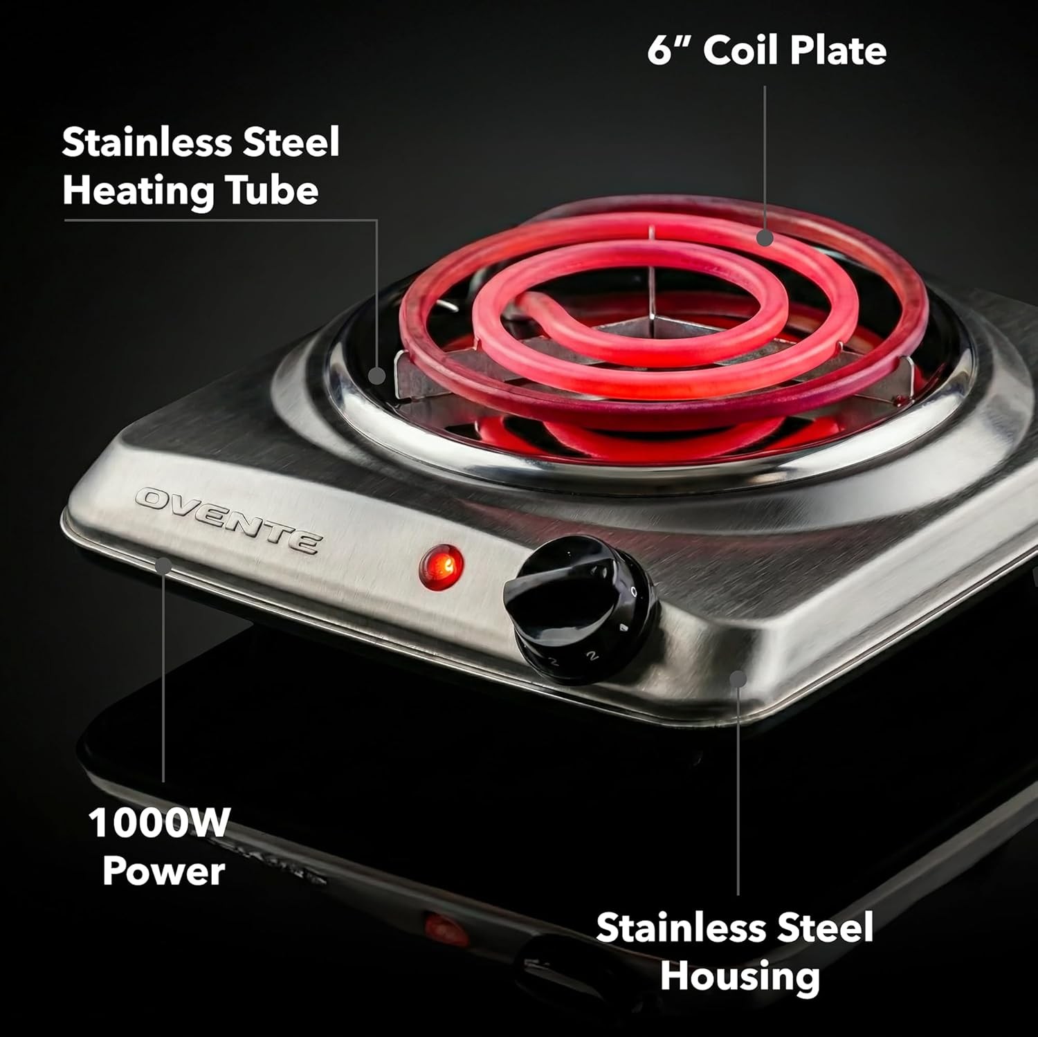 OVENTE Electric Single Burner Hot Plate 1000W 6" Stainless Steel Cooktop gallery