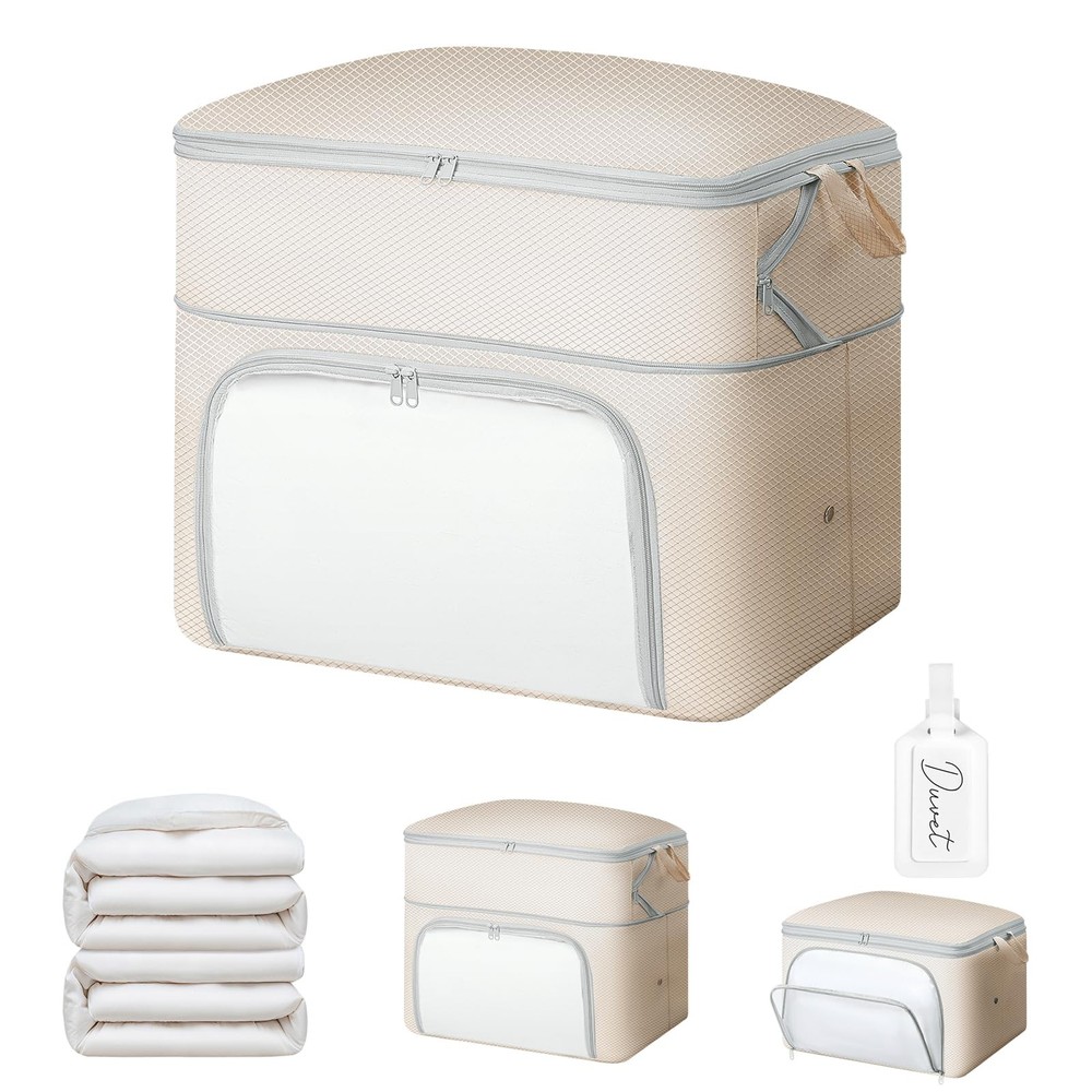 1 Pack 100L Large Capacity Blanket Comforter Storage Bag Front Opening Beige