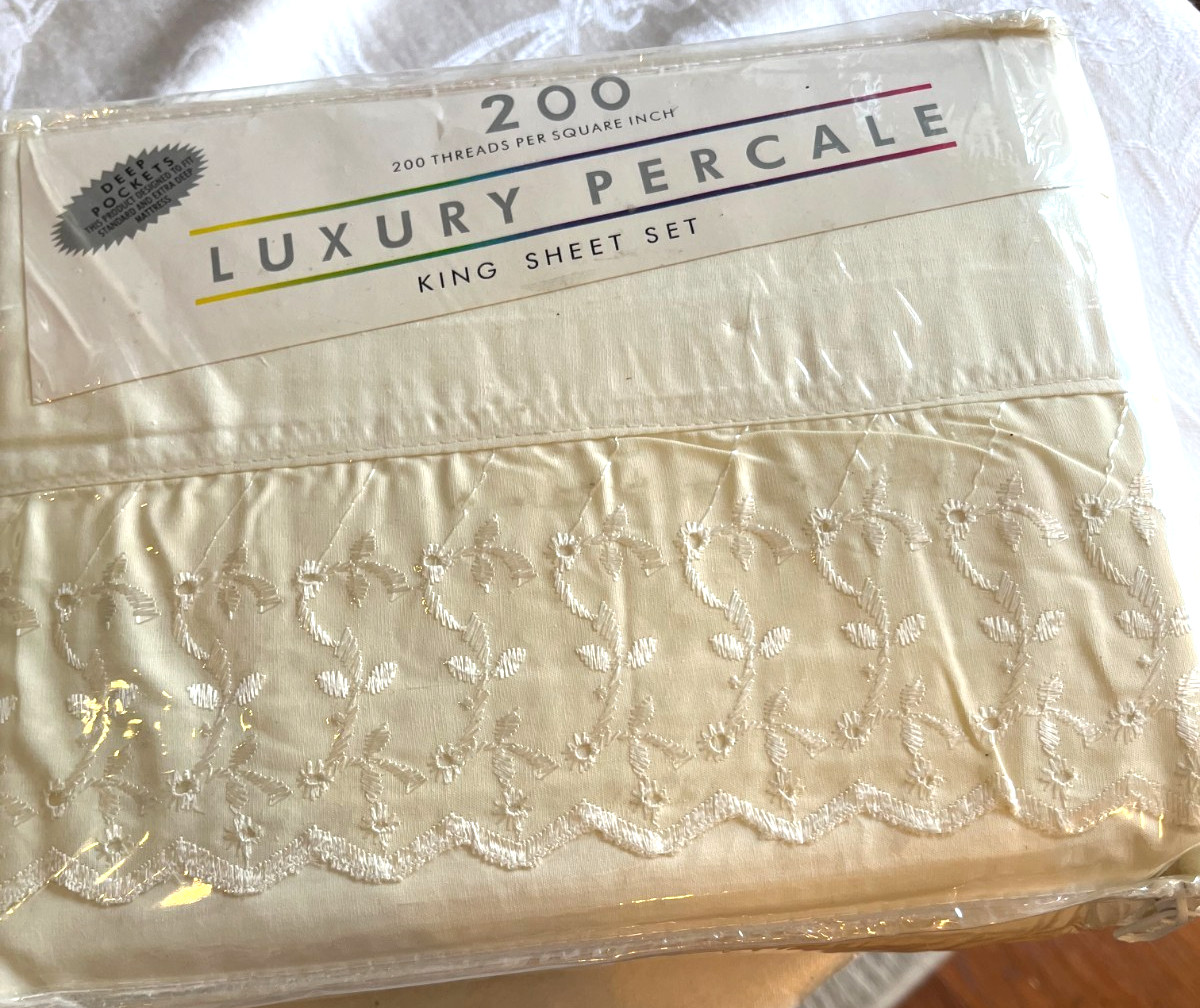 LUXURY PERCALE~KING Size 4-Piece Sheet Set ECRU Eyelet Deep Pocket 200 gallery