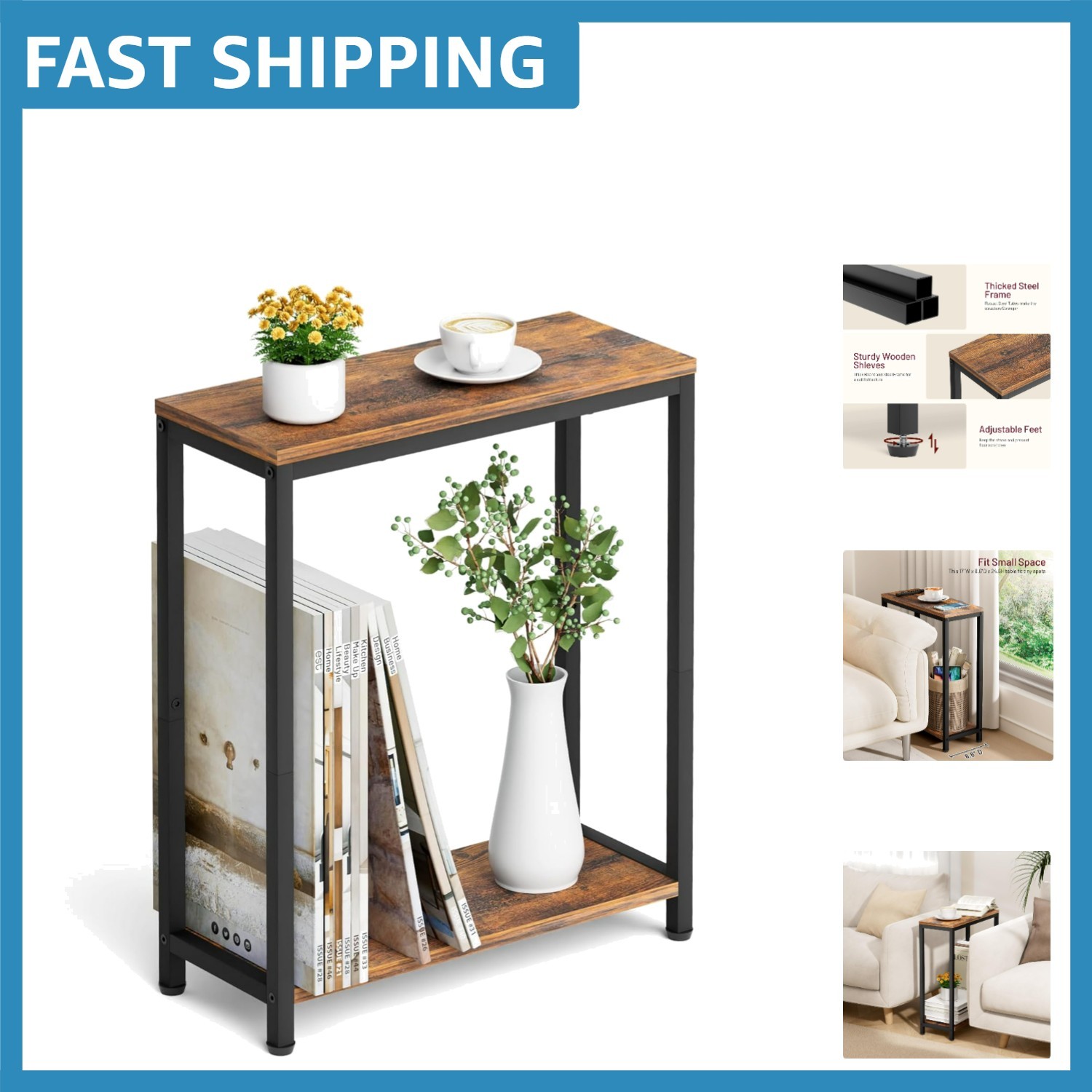 Narrow 2 Tier Side Table - Rustic Brown & Black for Small Spaces Elegance gallery