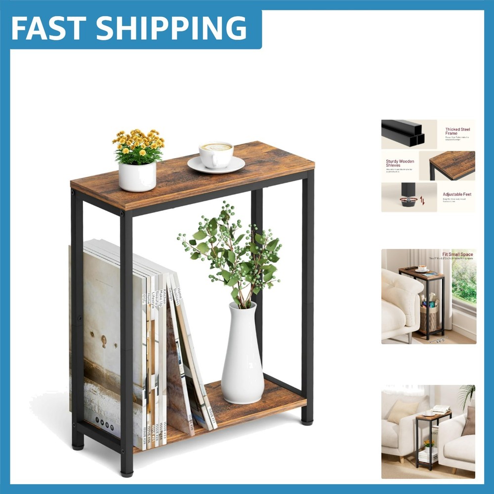 Narrow 2 Tier Side Table - Rustic Brown & Black for Small Spaces Elegance