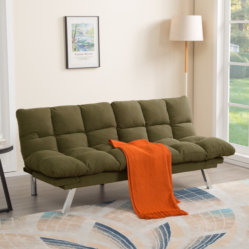 Corduroy 2 Seater Sofa Futon Sleeper Sofa Bed Loveseat For Small Apartment Green gallery