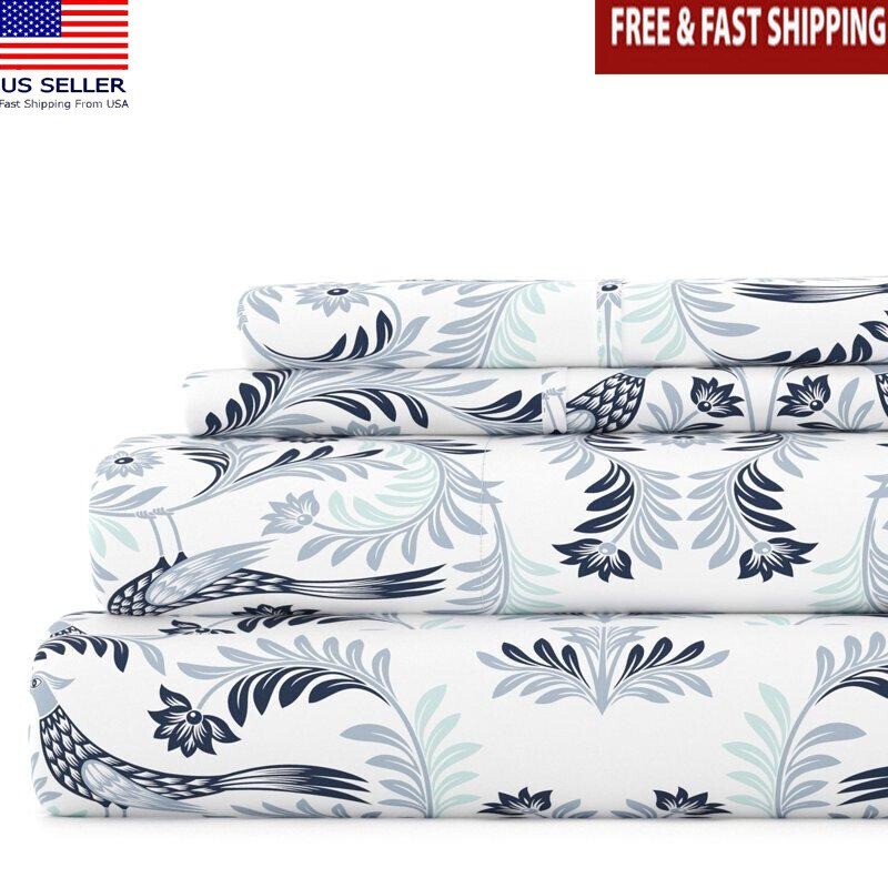 Navy Damask Microfiber 4 Piece Queen Bed Sheet Set Hypoallergenic Cozy Soft New gallery