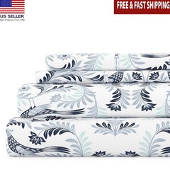 Navy Damask Microfiber 4 Piece Queen Bed Sheet Set Hypoallergenic Cozy Soft New