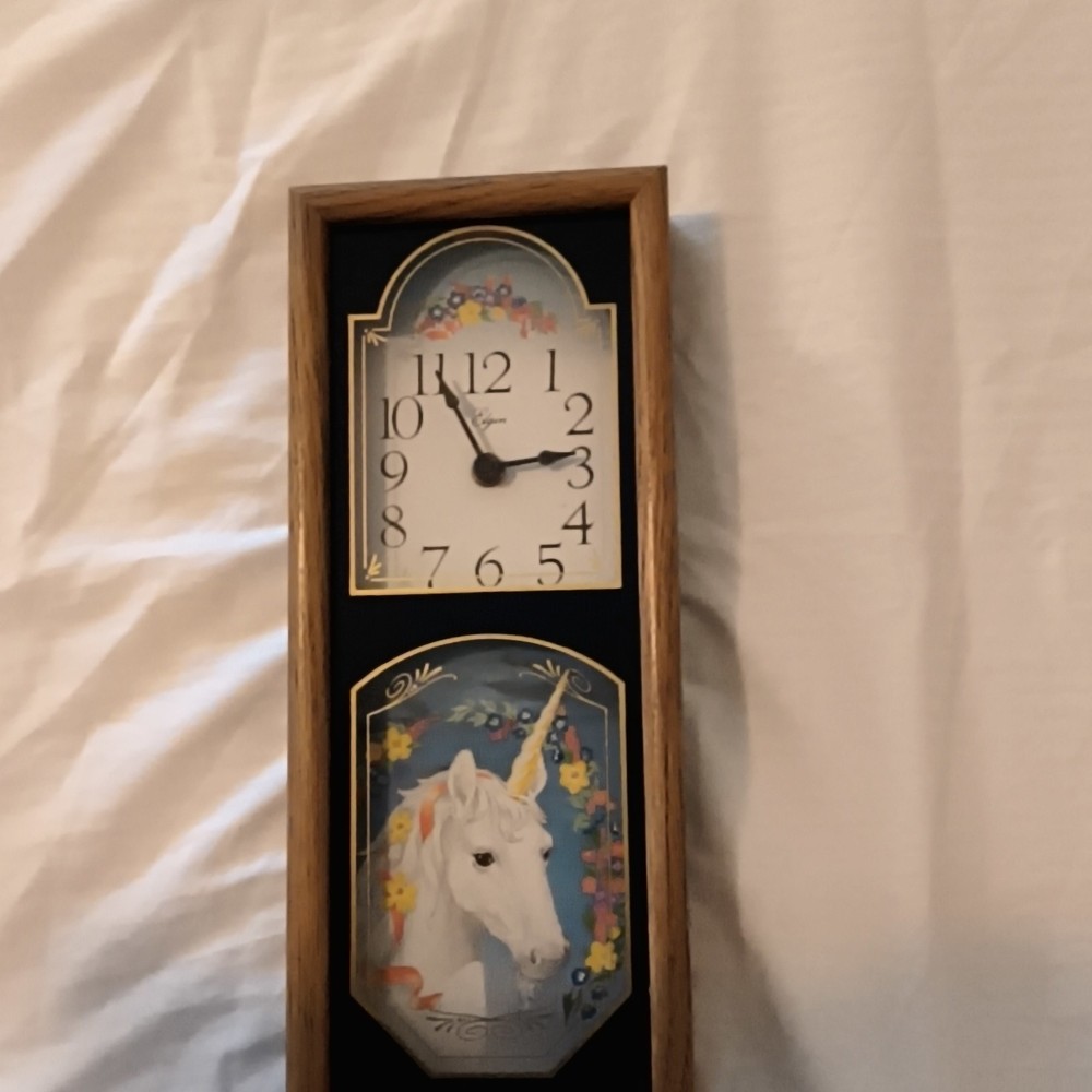 Elgin Rectangular Hanging Wall Clock Analog Wood Frame Unicorn Floral