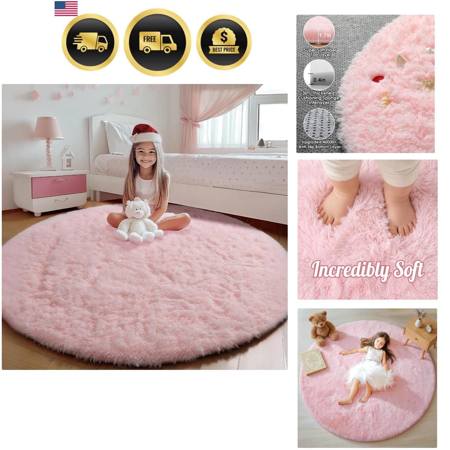 Light Pink Fluffy Round Rugs 4ft for Girls Bedroom, Circle Area Rug for Kids ... gallery