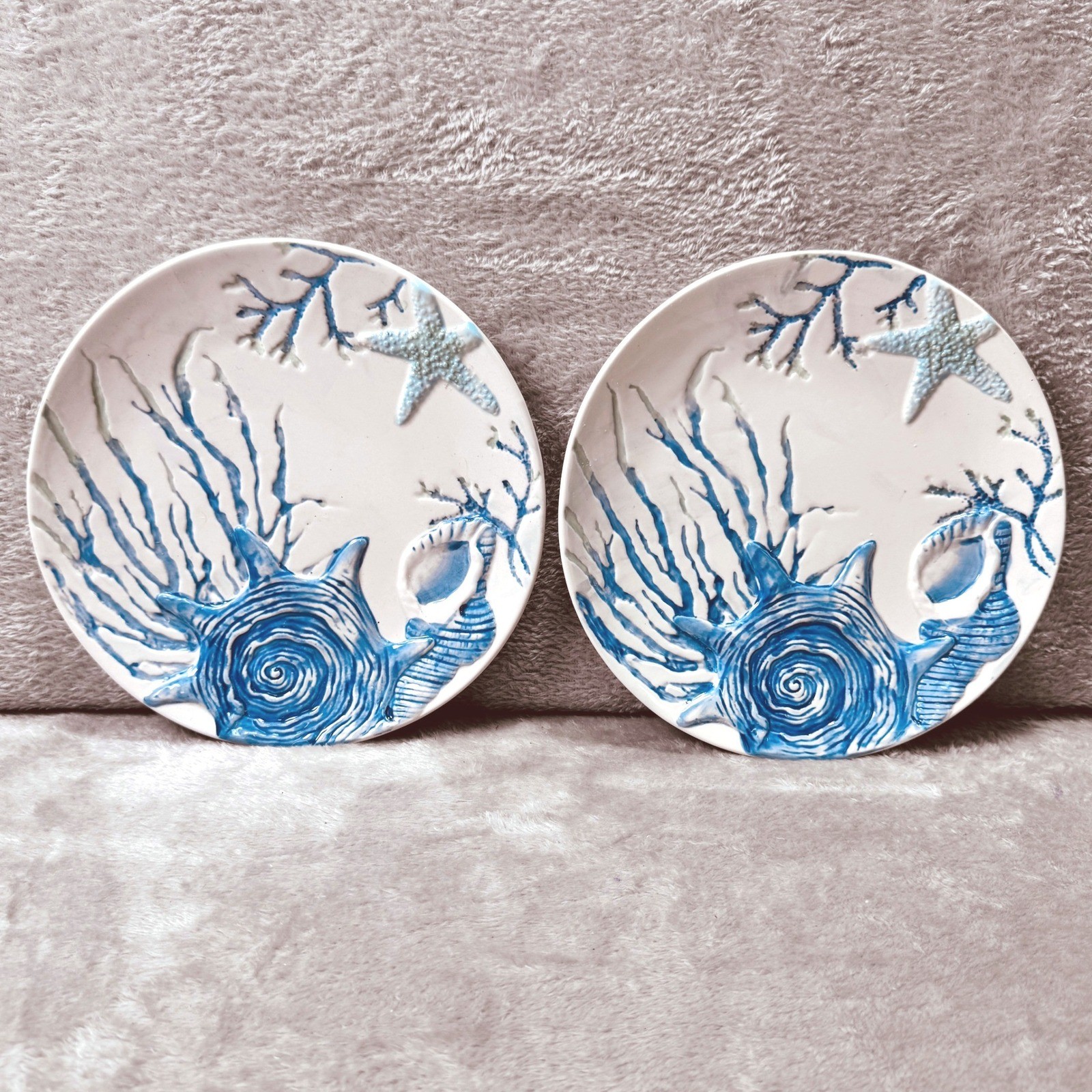 Cracker Barrel Hand Painted Stoneware Coastal Shell Starfish Salad Plates Set 2 gallery