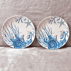 Cracker Barrel Hand Painted Stoneware Coastal Shell Starfish Salad Plates Set 2