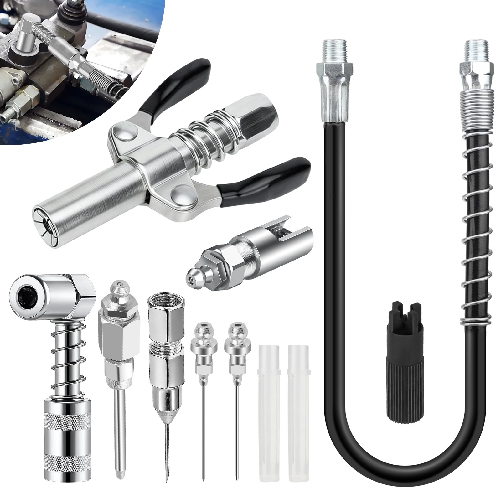 Heavy Duty Grease Gun Fitting Kit 12" Hose 90° Adapter Needle Tips Zerk Cleaner gallery