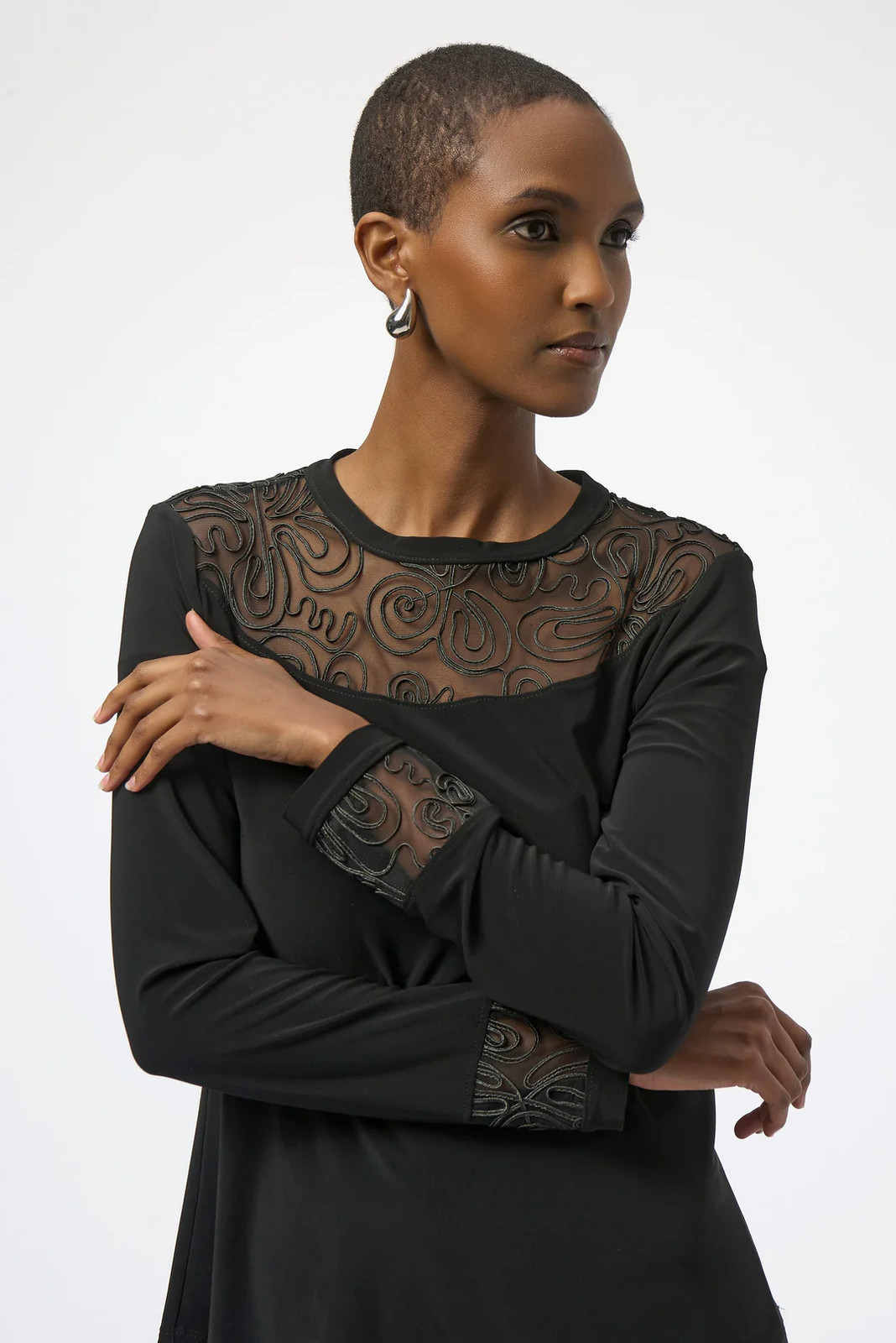 Joseph Ribkoff Black Mesh Crew Neck Long Sleeves Fitted Top 254213 gallery