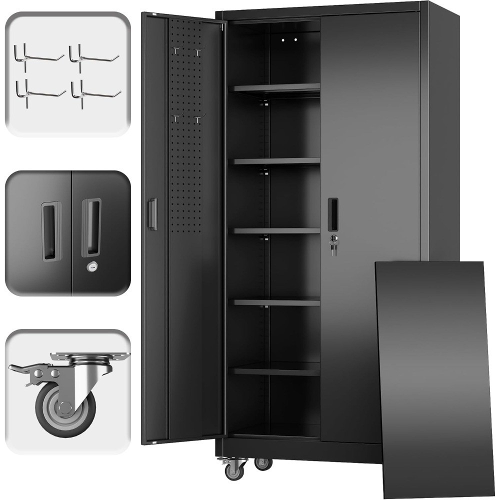 Industrial Metal Storage Cabinet with Wheels and Pegboard Heavy Duty Steel 5 gallery