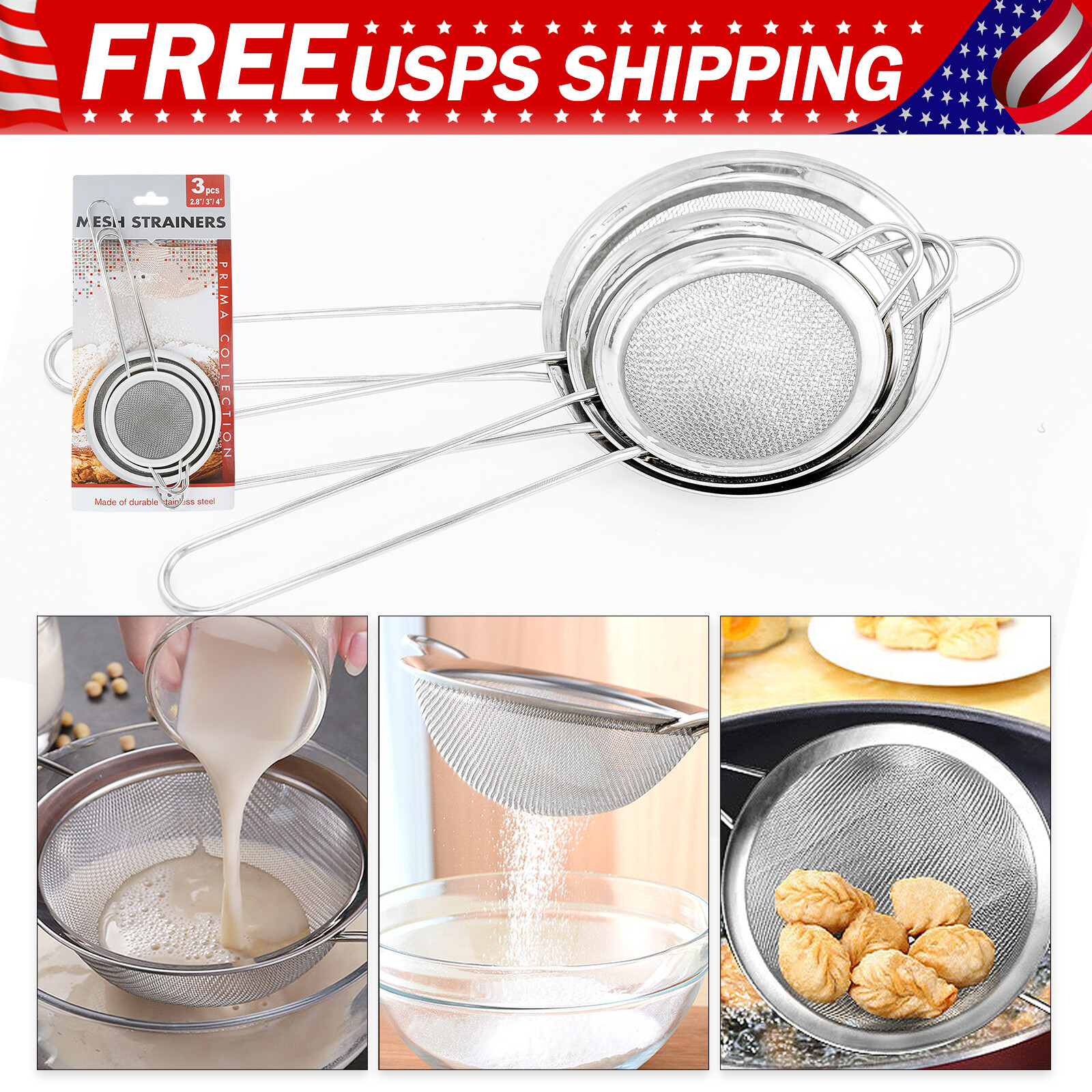 3PCS Kitchen Fine Mesh Strainer Stainless Steel Liquid Colander Sieve Strainer gallery