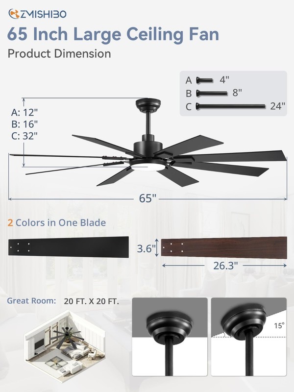 65" Black Ceiling Fan with Lights & Remote, Dimmable 3000-6000K, Quiet DC Motor, gallery