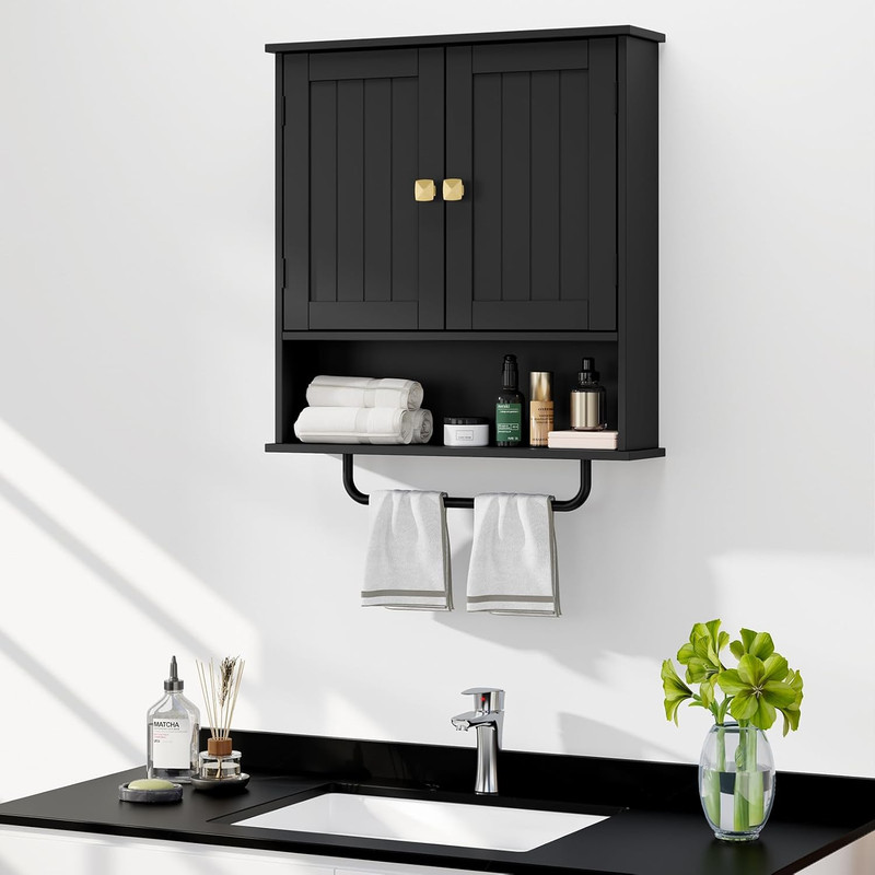 Wall-Mounted Bathroom Cabinet with Towels Bar & Adjustable Shelf - Black gallery