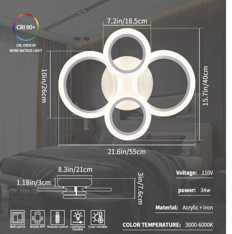 34W LED Ceiling Light w/Remote, 3000-6000K Dimmable Modern Flush Mount. White. gallery