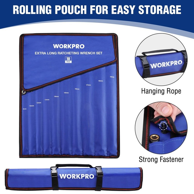 WORKPRO 10PC Extra Long Ratcheting Wrench Set 8-19mm Combination Metric 72-Teeth gallery