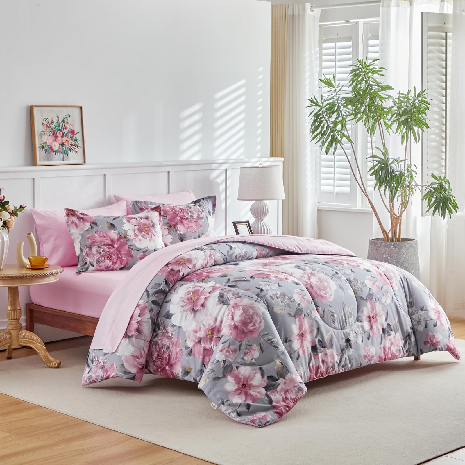 3pcs Floral Comforter Set Full/Queen, Tie-dye Pink Flowers on Gray Design, Micro gallery