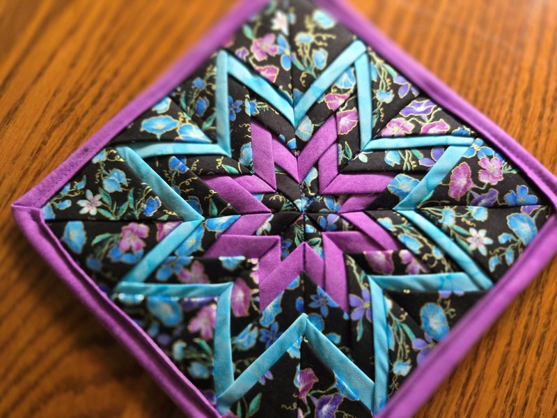 Handmade Hot Pads/Trivets - Amish Folded Star Thick - "Teal & Purple Flowers" gallery