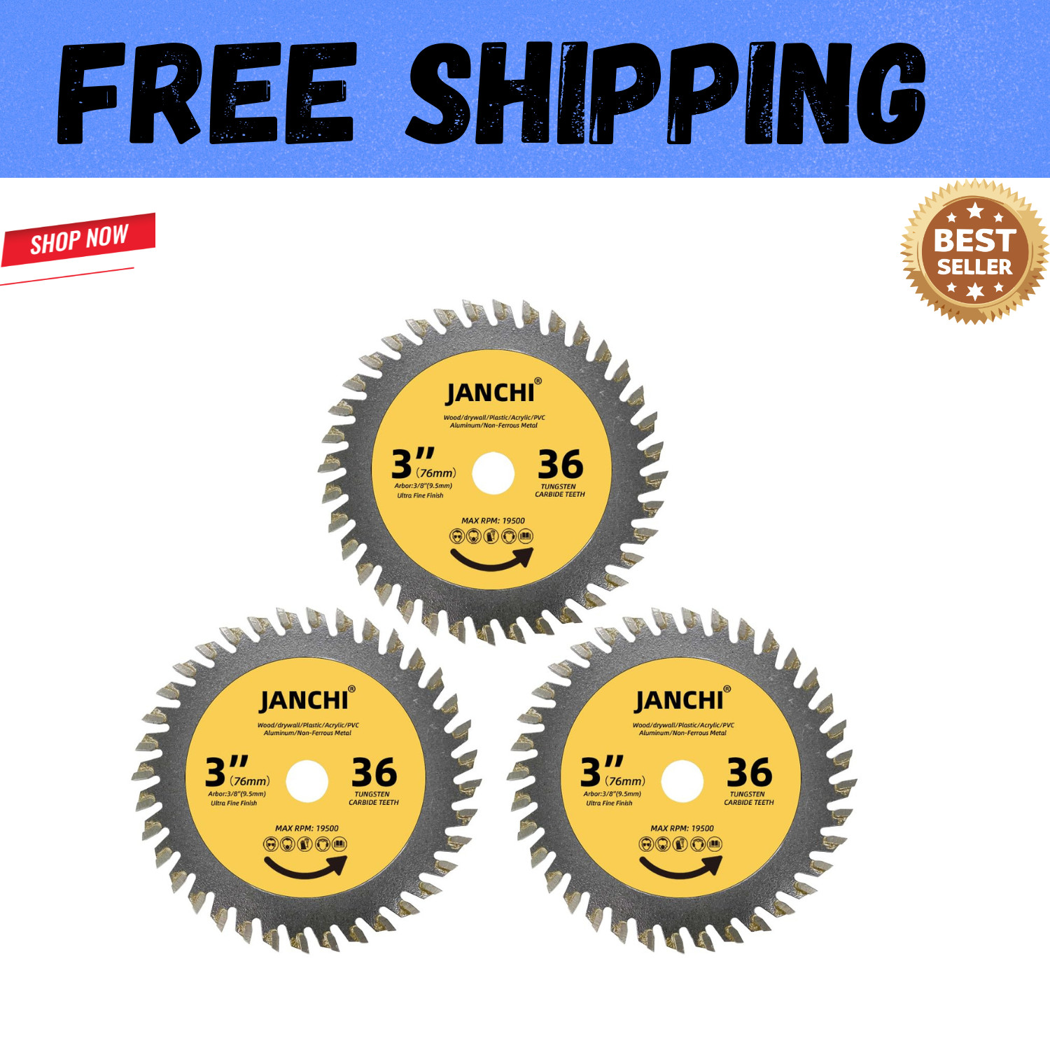 3PACK 3-Inch(75Mm) 36T TCT Circular Saw Blade with 3/8-Inch(9.5Mm) Arbor, Fast C gallery