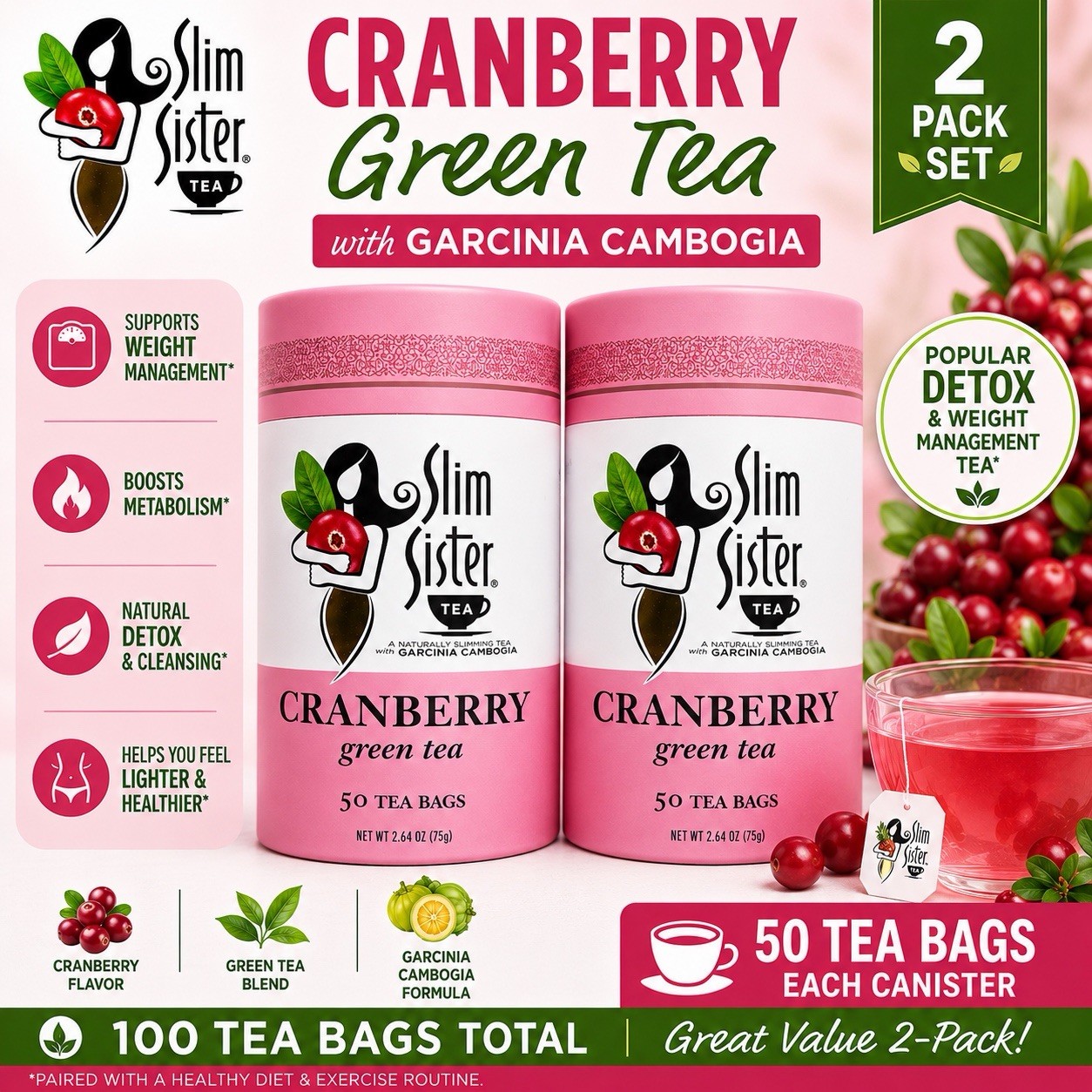 Slim Sister Cranberry Green Tea Garcinia Cambogia 50 Bags x2 Detox Tea gallery