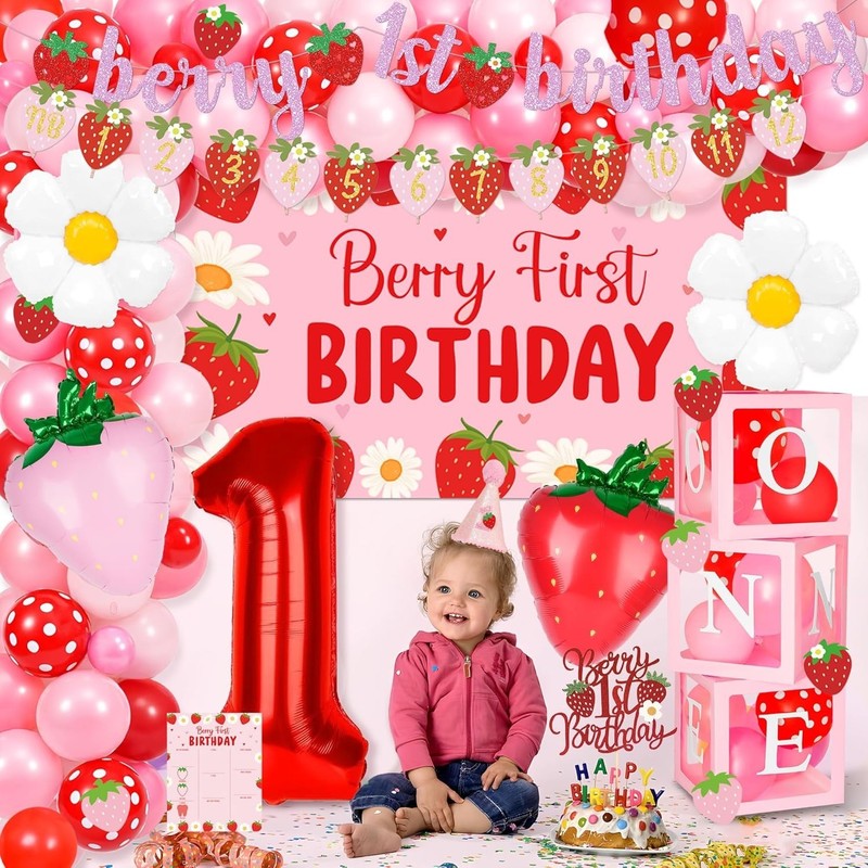 Complete Berry First Birthday Decor Set for Girls with DIY Balloon Arch Kit gallery