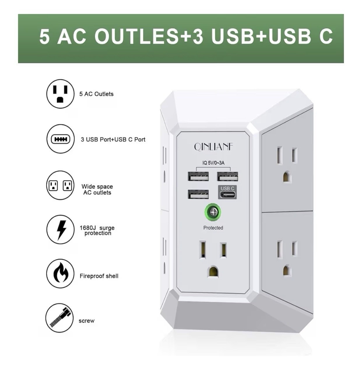 QINLIANF 5 Outlet Wall Surge Protector USB Ports USB-C 1680J Fireproof White gallery