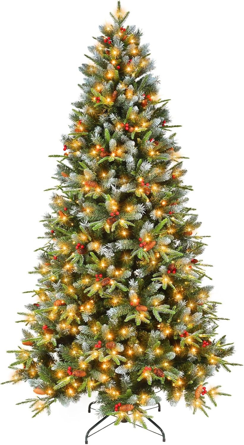 4-9ft Prelit Artificial Christmas Tree Snow Frosted with Pinecones & Red Berries gallery