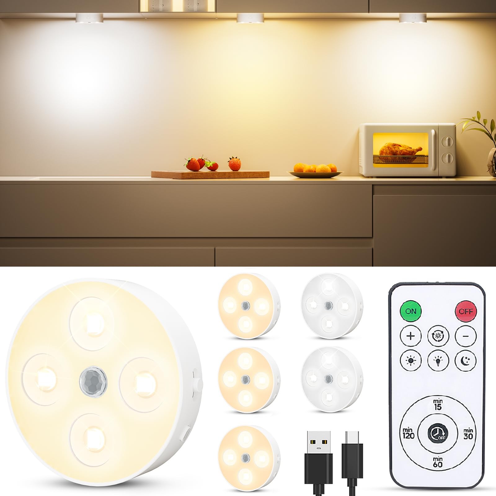 Under Cabinet Lighting, 1500mAh Rechargeable Motion Sensor Puck Lights with R... gallery