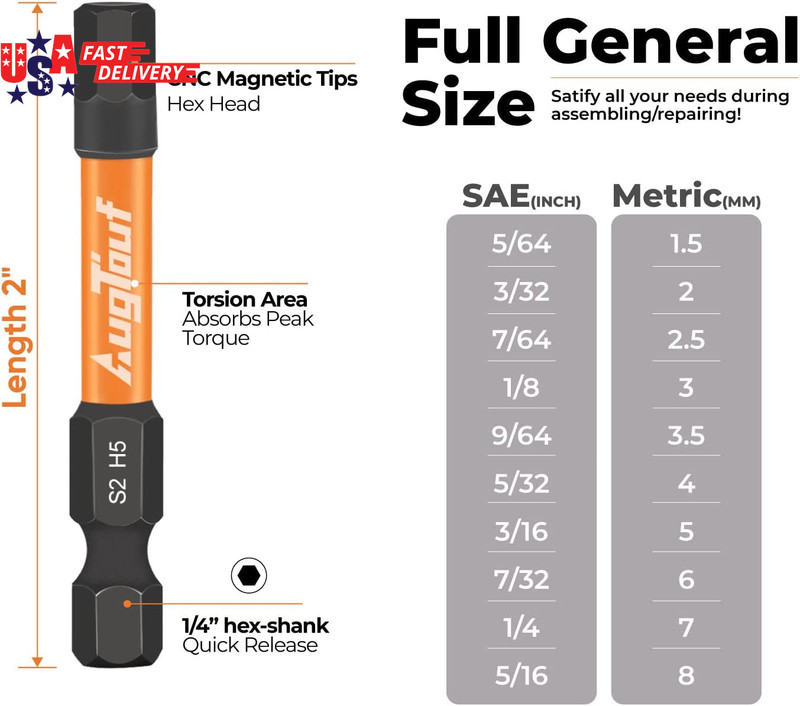 1/4" Impact Hex Bits Set 10Pcs,1/4" Hex-Shank Allen Wrench Drill Bit Set, S2 Ste gallery