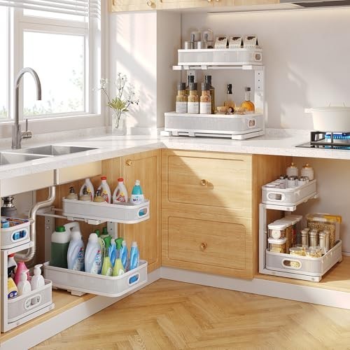 2 Pack Under Sink 2-Tier Pull Out Cabinet Organizer, Height Adjustable, White gallery