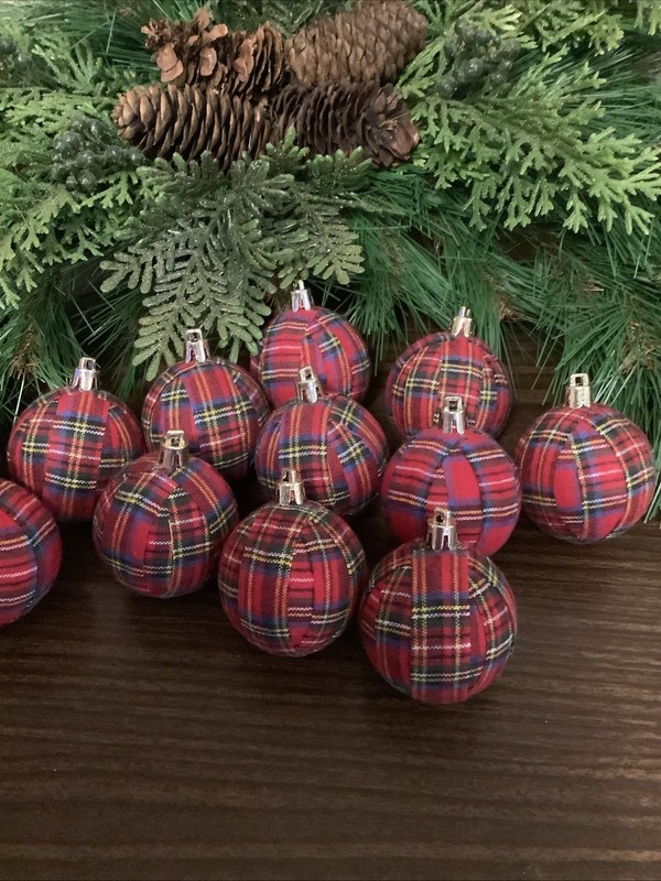 12 Handmade Red Tartan Plaid 2” Rustic Farmhouse Christmas Tree Ornaments, New gallery