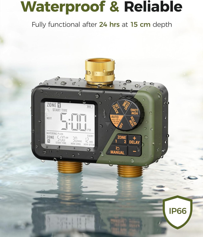 Brass Sprinkler Timer 2 Zone, IP66 Waterproof Programmable Water Hose Timer 2 Ou gallery