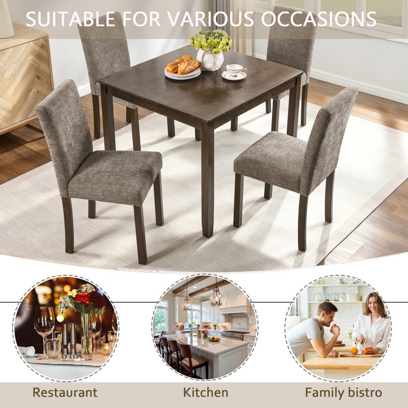 5-Piece Rustic Dining Table Set Square Wood with 4 Chenille Upholstered Chairs gallery