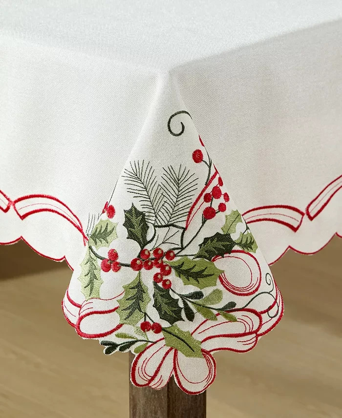 Elrene Holly Ribbon Embroidered Cutwork Fabric Tablecloth in White Size 60x120in gallery