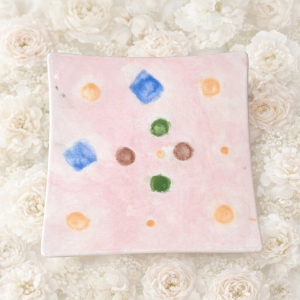 Handmade Small Square Plate Trinket Dish Jewelry Tray Pink Polka Dot 4.5 inches gallery