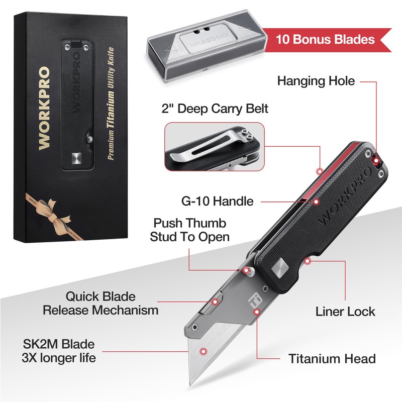 WORKPRO Premium Titanium Utility Knife, CNC Unibody w/10 Extra Blades G-10Handle gallery