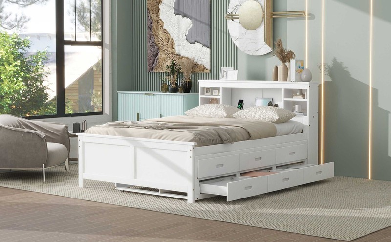 Full Size Platform Bed with Storage Headboard, USB, Twin Size Trundle and 3 Dr gallery