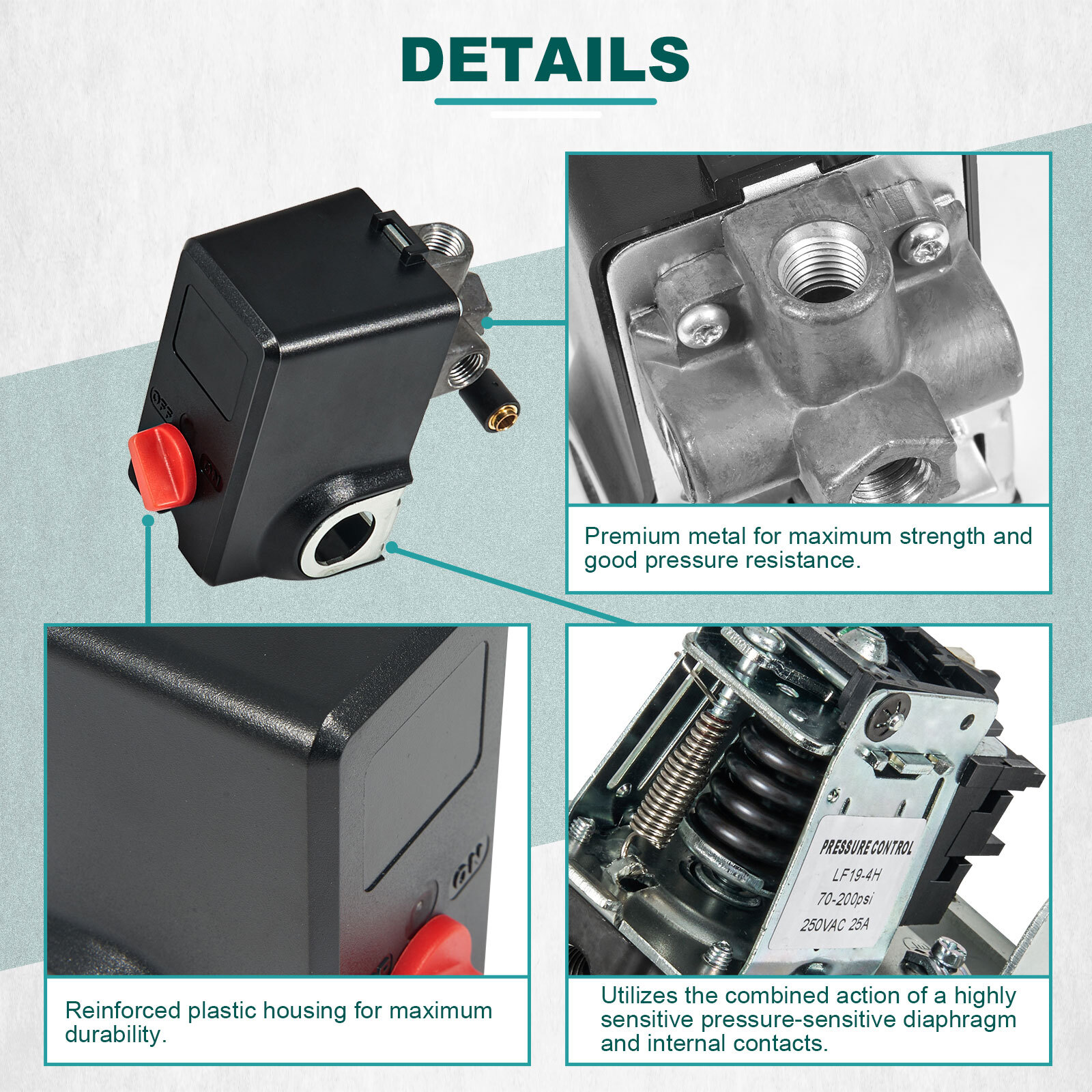 Pressure Switch For Condor MDR 11/11 EA 26 AMPS 120/240 Volts 120-155 PSI 4 Port gallery