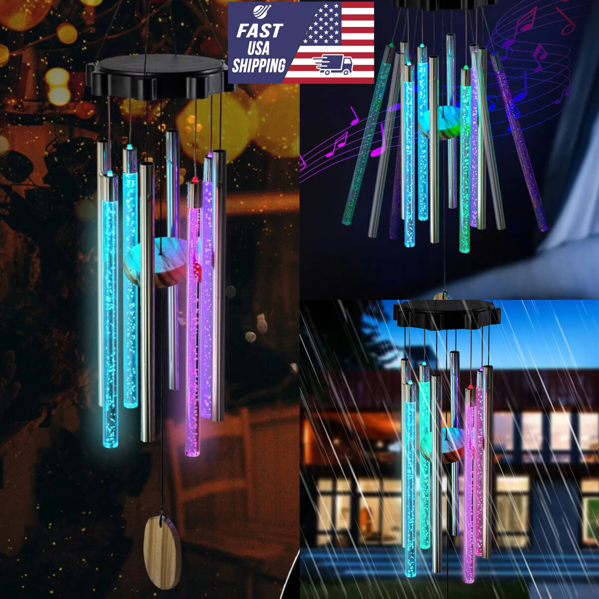 Color Changing Solar Wind Chimes LED Lights Bell Tubes Large Deep Tone Resonant gallery