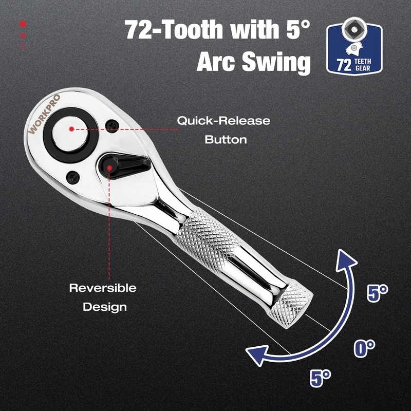 WORKPRO 3PC Stubby Ratchet Set Quick Release 1/4" 3/8" 1/2" Drive Ratchet Handle gallery