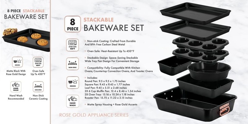 Stackable Nonstick Bakeware Set 8 Piece Baking Pan Set Oven Safe Carbon Steel gallery