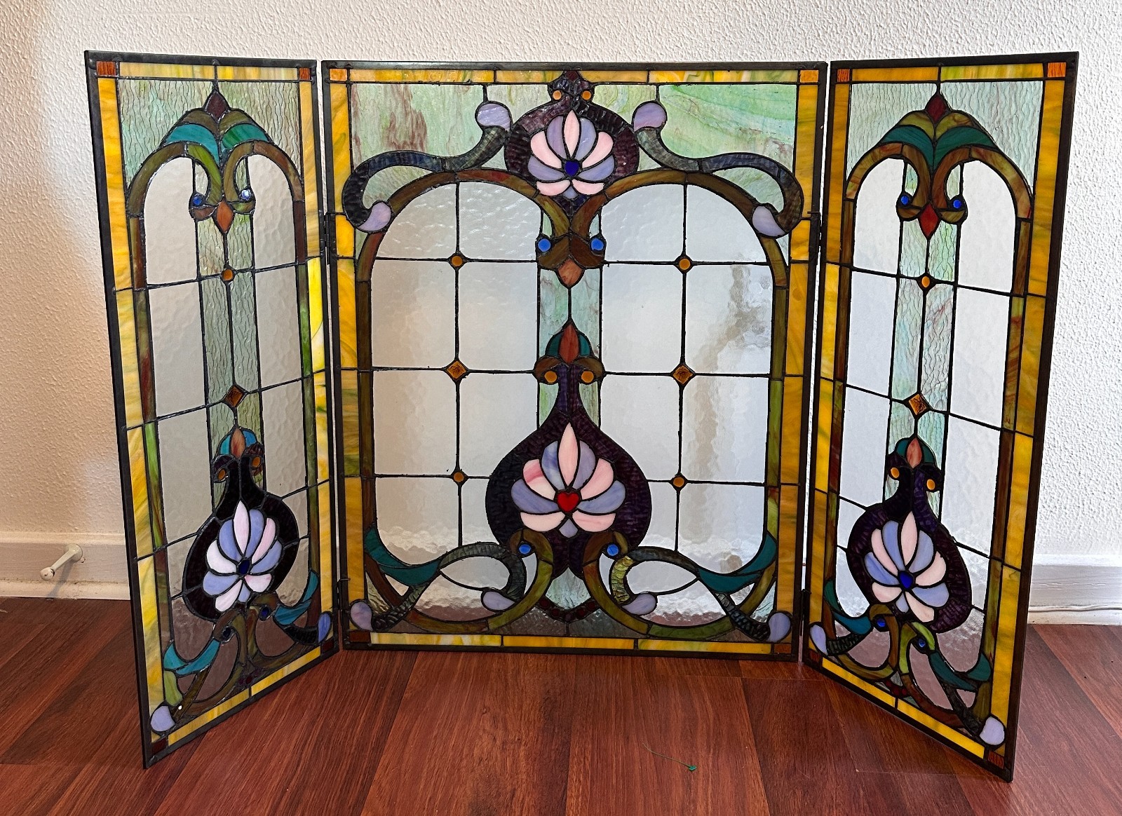 CHLOE Tiffany Style Stained Glass Fireplace Screen Victorian 3 Panel Folding 44" gallery