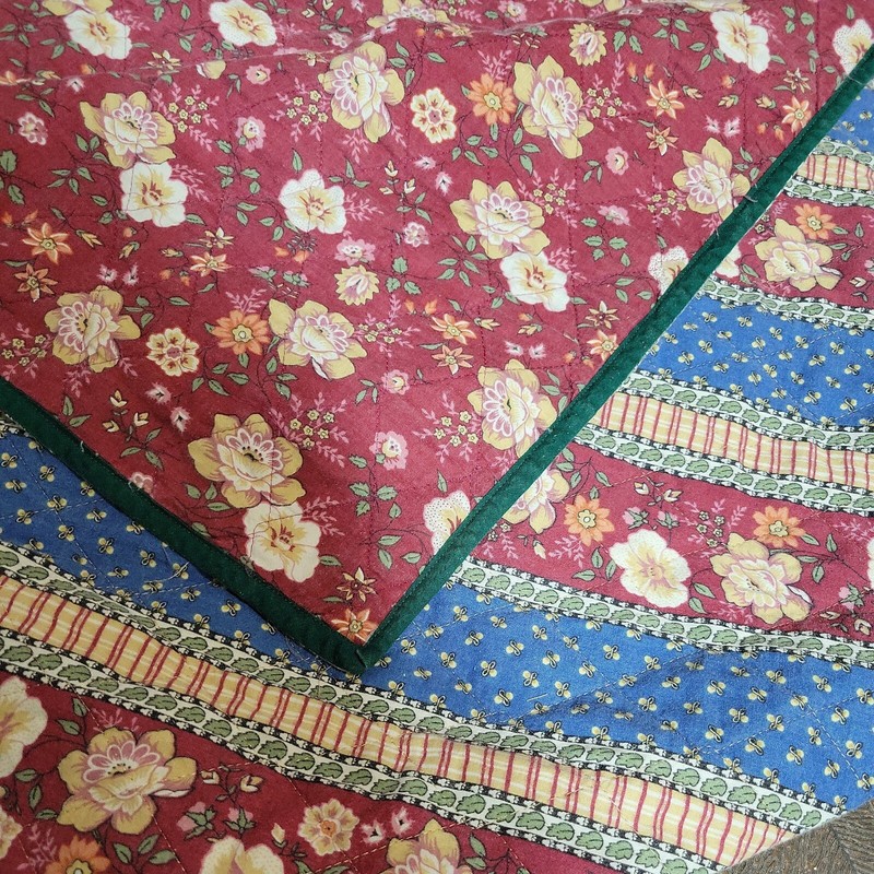 Reversible Quilt Crib Throw Cottagecore 40x55 in Floral Stripes Blue Red Cream gallery